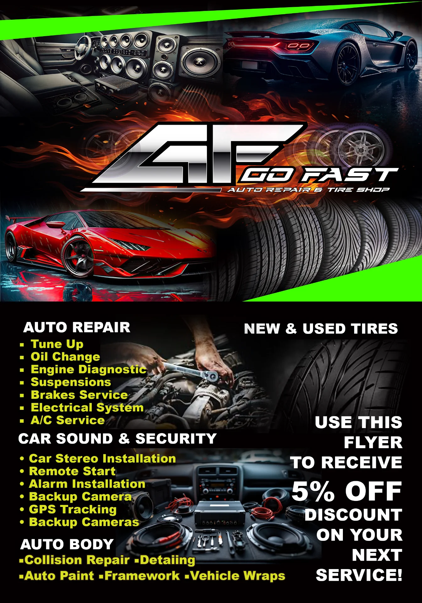 Promotional flyer for Go Fast Auto Repair and Tire Shop featuring tires, audio gear, and featured cars